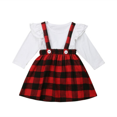 

2PCS Toddler Kids Baby Girl Christmas Outfits Clothes T-shirt TopsPlaids Skirt