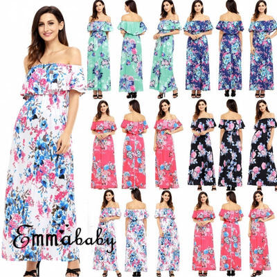 

New Women Off Shoulder Floral Loose Dress Summer Party Long Beach Sundress