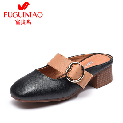 

Fugui bird FUGUINIAO womens shoes casual shallow mouth low-heeled layer of leather lazy fashion K99D531C black 39