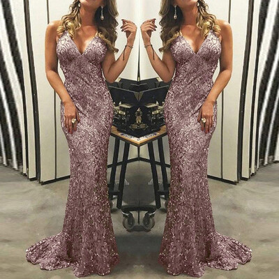 

〖Follure〗Women Sexy Sequin Sleeveless Backless V Neck Bodycon Cocktail Party Long Dress