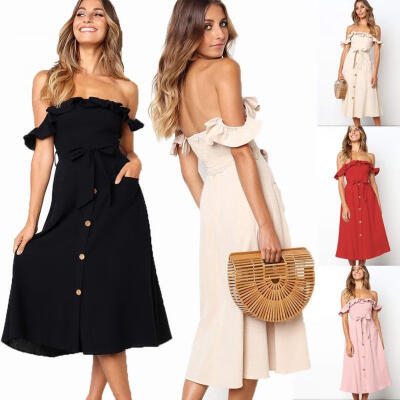 

Women&39s Off Shoulder Ruffles Midi Long Dress Tie Waist Maxi Dress Button in Front Dress