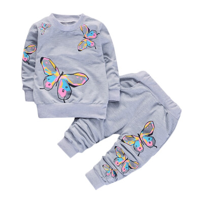 

Butterfly Print Girl Two-piece Suit Crew Neck Long Sleeve Pocket Children Garment