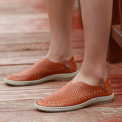

Men Flat Genuine Leather Slip On Shoes Business Casual Hollow Soft Sole Loafers