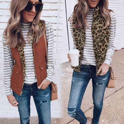 

Toponeto Women Leopard Two Wear Sleeveless Pullover Blouse Open Front Jacket Coat Outwear