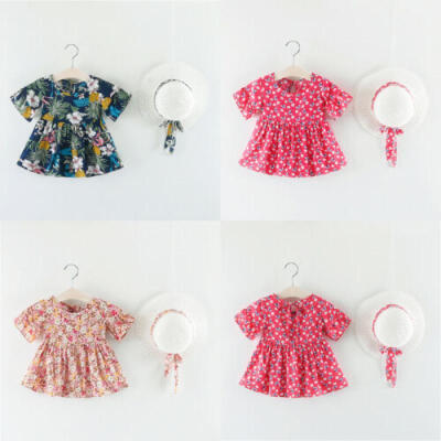 

2PC Toddler Kids Baby Girls Short Sleeve Floral Princess Mini DressHat Clothes