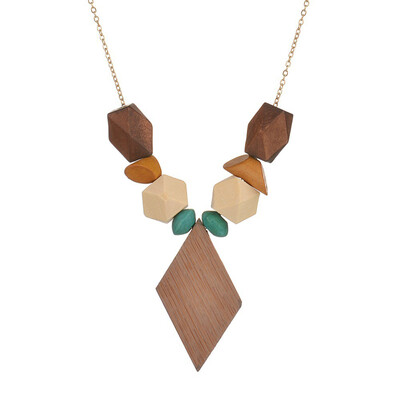 

New Design Multi color Geometric Wood Pendant Necklace For Women Bohemia Vintage Snake Chain Necklaces Bijoux