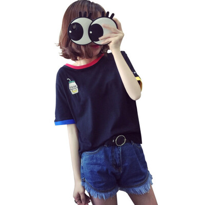 

Women Carton Bottle Print Short Sleeve T-shirt Casual Elastic Basic T-shirts