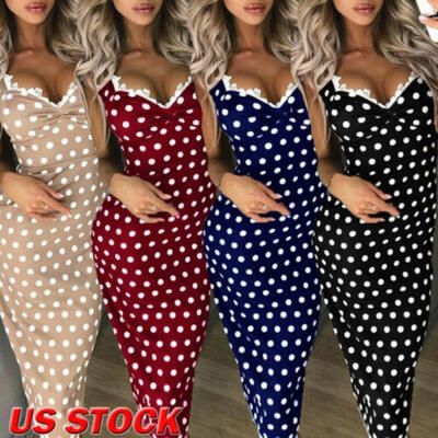 

Women Summer Sleeveless V-neck Polka Dots Long Maxi Bodycon Dress Party Club