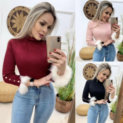 

Women High Mock Neck Knit Pullover Long Sleeve Basic Jumper Sweater Blouse Top