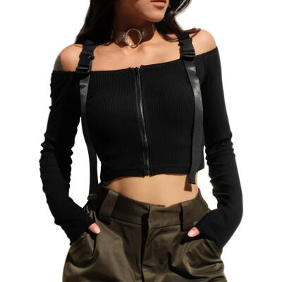 

Women Sexy Off Shoulder Crop Tops Slim Fit Front Zipper Knitted Daily Wear