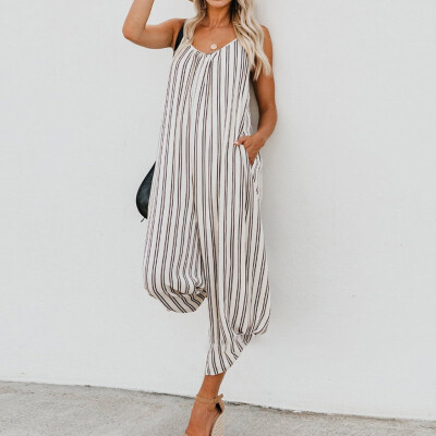 

Starmoon Women Fashion Camisole Rompers Casual Striped High Waist Long Summer Jumpsuit