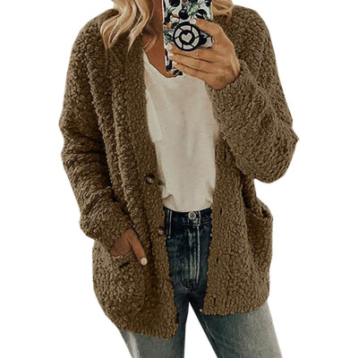 

2019 Autumn Winter Fashion Casual Women Loose Solid color Long sleeves lambswool Coat