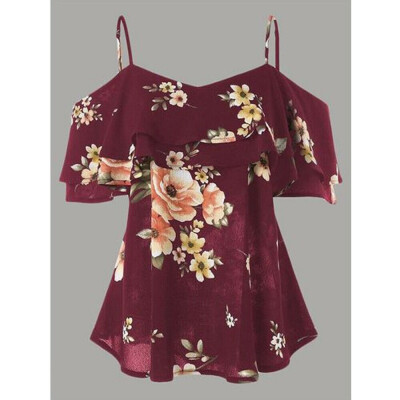 

New Women Chiffon Halter Tops Off Shoulder Loose Floral Tops Casual Shirt Blouse