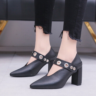 

Rose Vintage Womens Flats Pumps Ladies Pointed Faux Leather Thick Heel Single Shoes