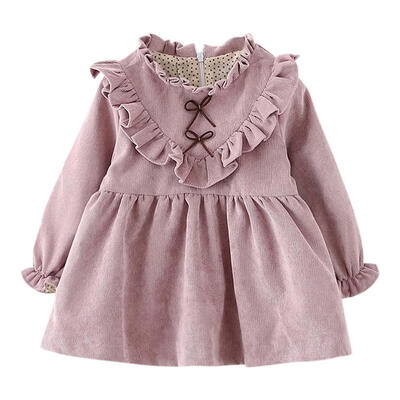 

Autumn Girls Kids Warm A-Line Dress Long Sleeve Solid Color Ruffle Clothes