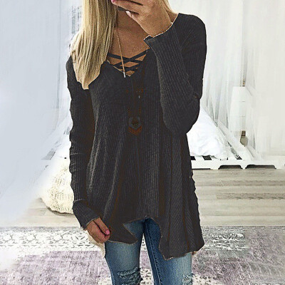 

Autumn Winter Women Casual Long Sleeve Sweaters V-neck Irregular Hem Tops Ladies Fashion Pure Color T-shirts Blouses