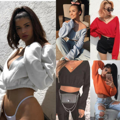 

Womens Long Sleeve Deep-V Neck Tops Off Shoulder T-Shirt Blouse Crop Tops