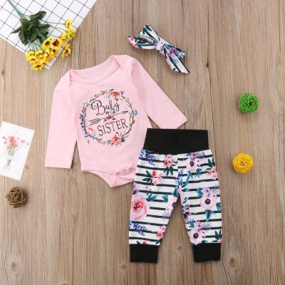 

2018 Fashion 3Pcs Newborn Baby Girls Flower Romper Long Pants Headband Outfits Set