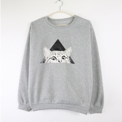 

Casual Women Autumn Geometric Cat Print Hoodies Solid Color O-neck Long Sleeves Pullover Top Sweatshirt