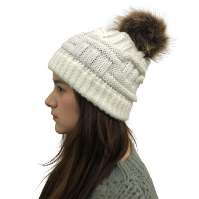 

Tailored Women Stitching Outdoor Faux Fur Ball Hats Crochet Knit Holey Beanie Cap