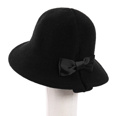 

Korean literary&artistic bow basin hat solid-colored wool knitted fisherman hat woman big edge foldable warm wool cap winter