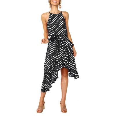 

Women Irregular Ruffle Hem Chiffon Sleeveless Dresses Polka Dots Sundress