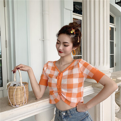 

Ladies Summer Vintage Pleated Drawstring Collar Exposure Belly Contrast Plaid Short Sleeve Sweater Top