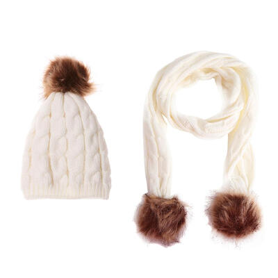 

2pcsset Cute Children Girls Warm Pompom Fleece Casual Twist Hats Scarf