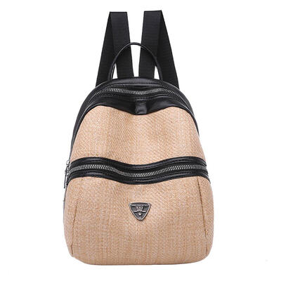 

Contrast Color Handbag Women Girls Backpack Woven Leather Zipper Knapsack