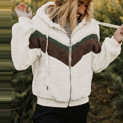 

Roseonmyhand Women Autumn Winter Casual Stitching Color Matching Hooded Jacket Plush Coat