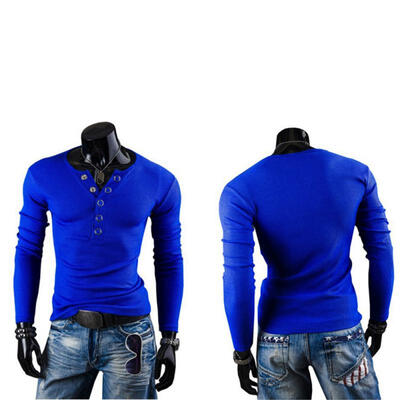 

Mens Casual T-Shirt Fashion Multi-button Long-Sleeved V Neck Tee Tops
