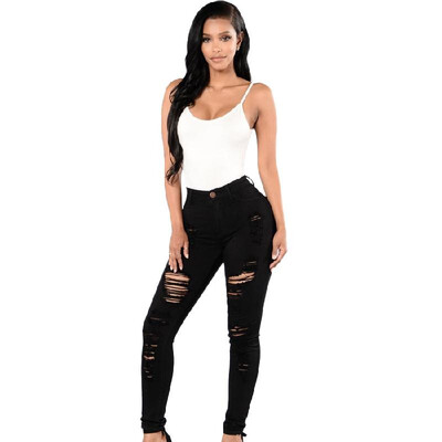 

Fashion Women Skinny Jeans High Waist Stretchy Ripped Hole Pencil Pants Trousers BlackBurgundyArmy Green