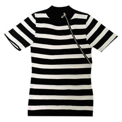 

Women t shirt Summer Casual Concise Zipper women clothes Turtleneck Slim Fit Stripe Knitting Short Sleeve Tshirt