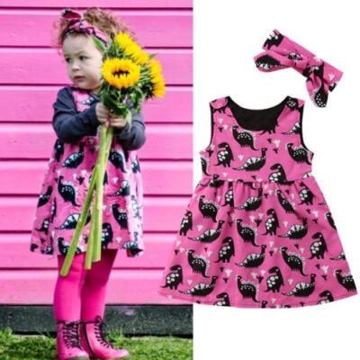 

Summer Dinosaur Newborn Kid Baby Girl Cotton Sleeveless Dress Sundress Headband Clothes