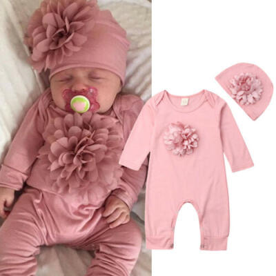 

Newborn Baby Girl Clothes 3D Flower Long Sleeve Romper Jumpsuit Hat Outfit 0-18M