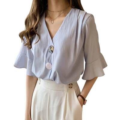 

Women Fashion Chiffon Blouse V Neck Short Sleeve Beach Button Shirts