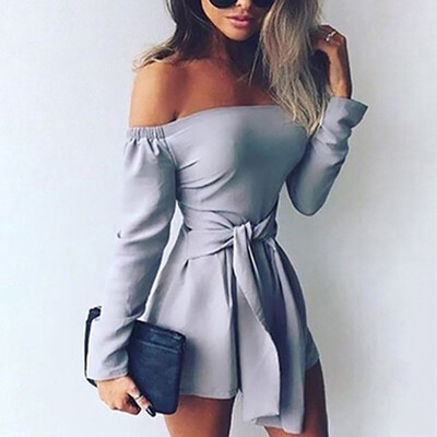 

Starmoon Fashion Sexy Women Solid Bandage Off Shoulder Long Sleeve Easy Short Jumpsuit
