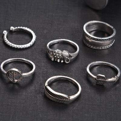

Rings Bohemia Retro Silver Simple Carved Elephant Arrows Ring Set