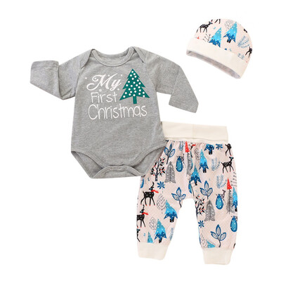 

Infant Baby Romper Set Clothing Newborn Baby Boy Girl JumpsuitPantsPrint Hat Xmas Outfit