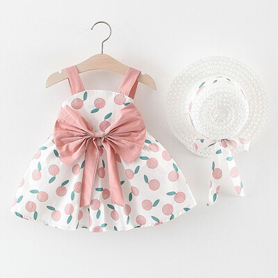 

Infant Baby Girl Sleeveless Orange Print Princess Backless DressHat Cap Outfits