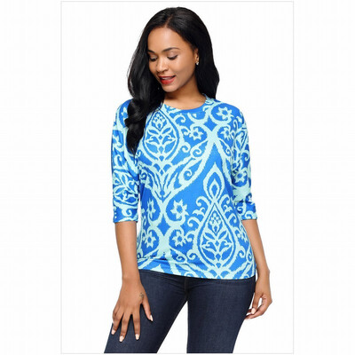 

Round neck five-point sleeves retro printed stitching casual straight top