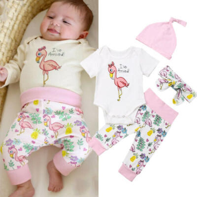 

UK 4PCS Newborn Baby Girl Flamingo Romper Tops Pants Leggings Hat Outfit Clothes