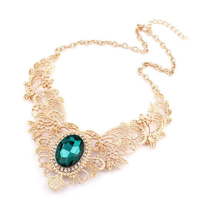 

New Women Luxury Party Hollow Out Flower Oval Rhinestone Statement Bib Necklace