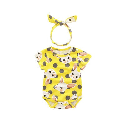 

Summer Newborn Girls Rompers With Hairband Short Sleeve Cartoon Animal Print Jumpsuit With Headband