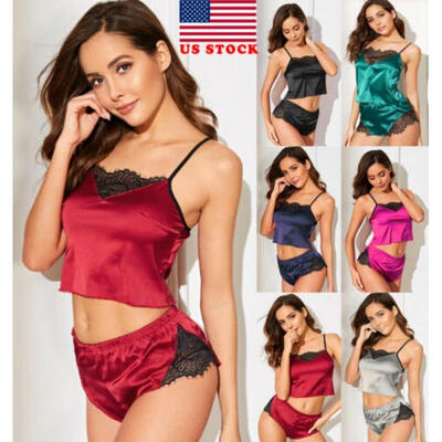 

US Women Sexy Pajamas Lace Smooth Pijama Silk Sleepwear Babydoll Sling Lingerie