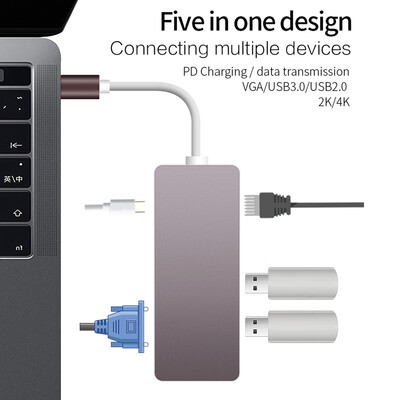 

5-in-1 Multifunctional USB Type C Hub with Power Delivery USB 2030 4K2K High Definition Output&VGA Port for all Computer with