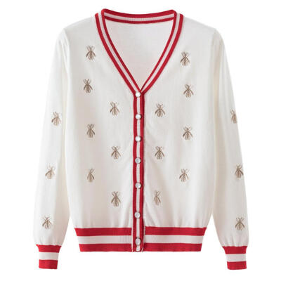 

Sweet Bee Embroidery Coat Autumn Loose Cardigan Tops Women Knitted Coat