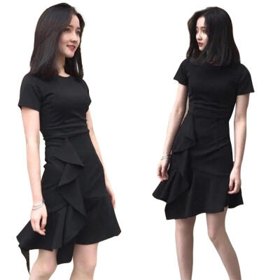 

Elegant Solid Color Dress Women O-neck Ruffle Short Sleeve Slim Dresses