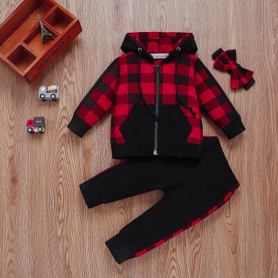 

3PCS Newborn Kids Baby Girl Autumn Clothes Plaid Tops Coat Pants Outfits Set