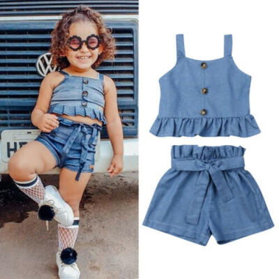 

Summer Toddler Kids Baby Girls Sleeveless Ruffle Crop Tops Shorts Outfit Clothes